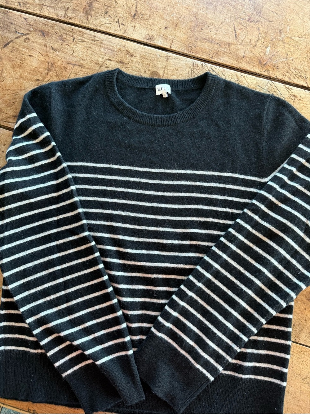 KULE Black and White Cashmere Striped Crewneck Sweater